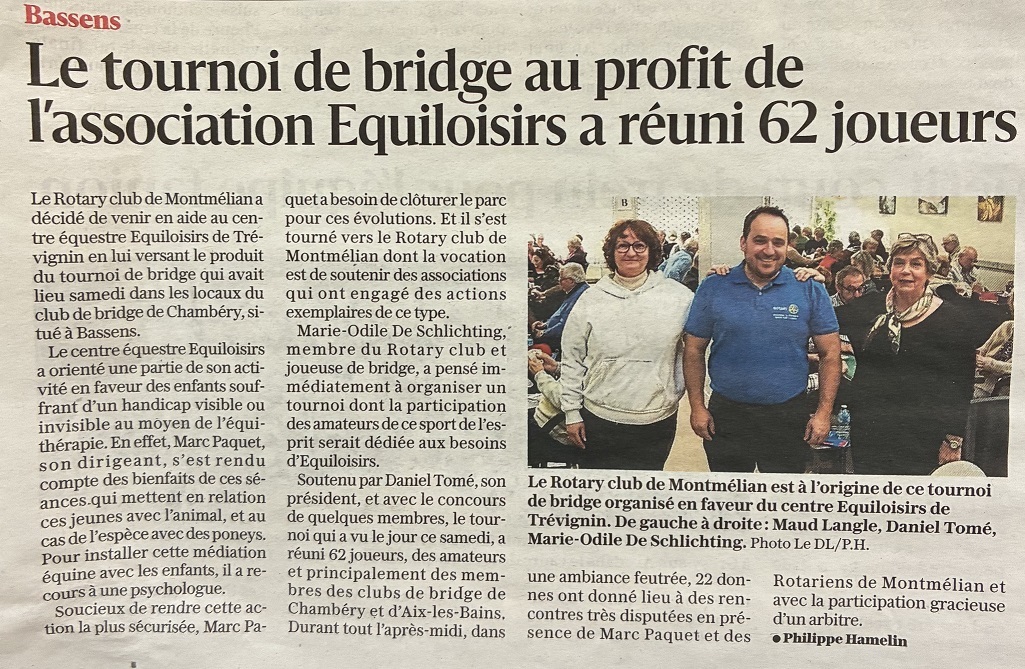 Tournoi de bridge au profit de l'association Equiloisirs à Bassens
